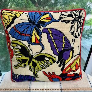 Vintage Handmade Needlepoint Butterfly Pillow – 13” Square Colorful Design